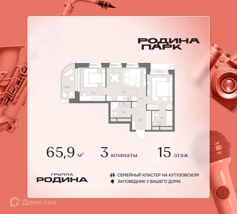 3-комнатная квартира 65.9 м² Родина Парк