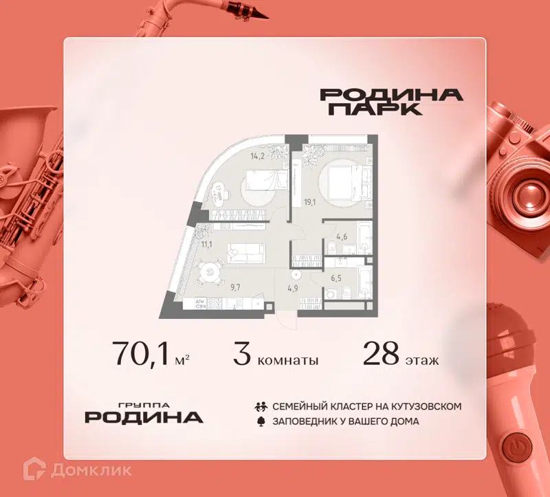 3-комнатная квартира 70.1 м² Родина Парк