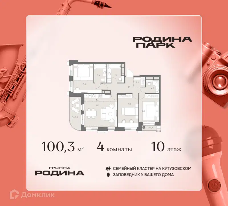 4-комнатная квартира 100.3 м² Родина Парк