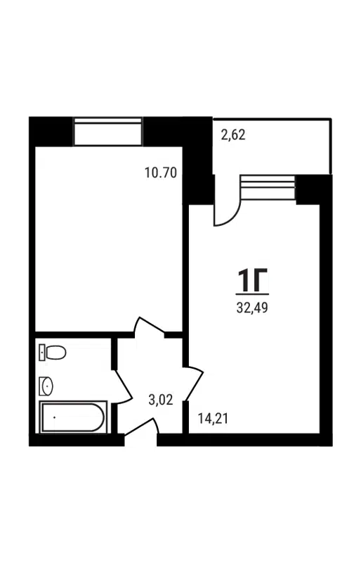 1-комнатная квартира 32.49 м² Дружный