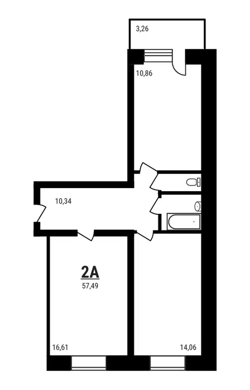 2-комнатная квартира 57.49 м² Дружный