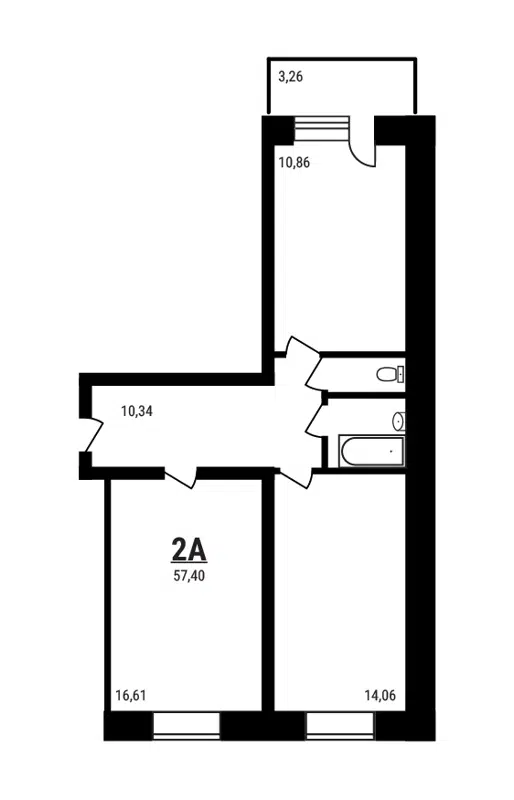 2-комнатная квартира 57.4 м² Дружный