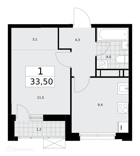 1-комнатная квартира 33.5 м² Скандинавия