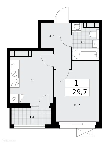1-комнатная квартира 29.7 м² Скандинавия