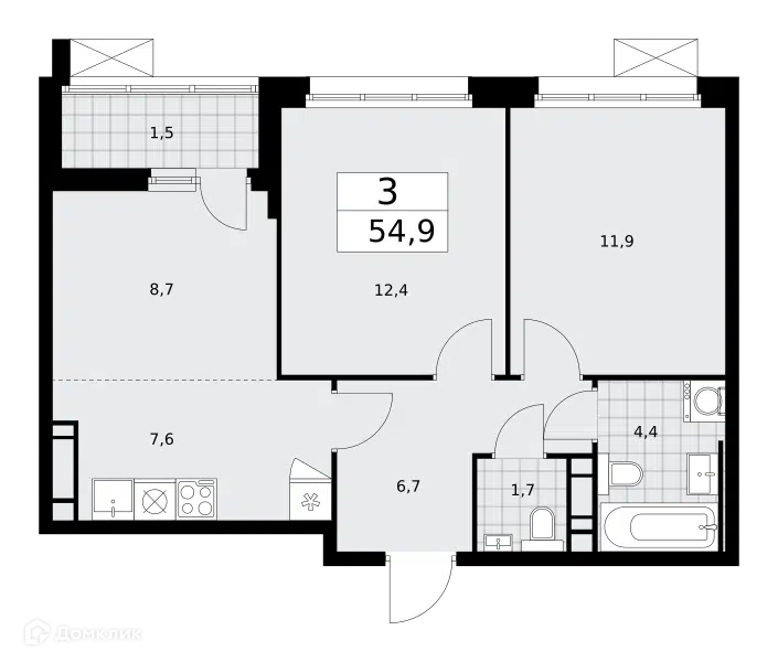 3-комнатная квартира 54.9 м² Скандинавия