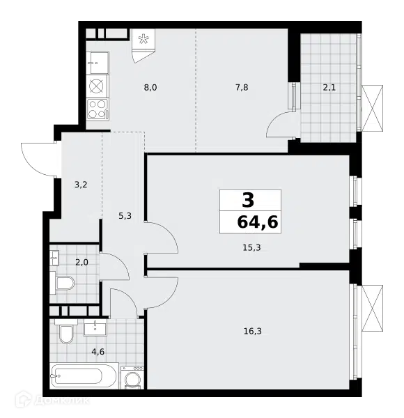3-комнатная квартира 64.6 м² Скандинавия