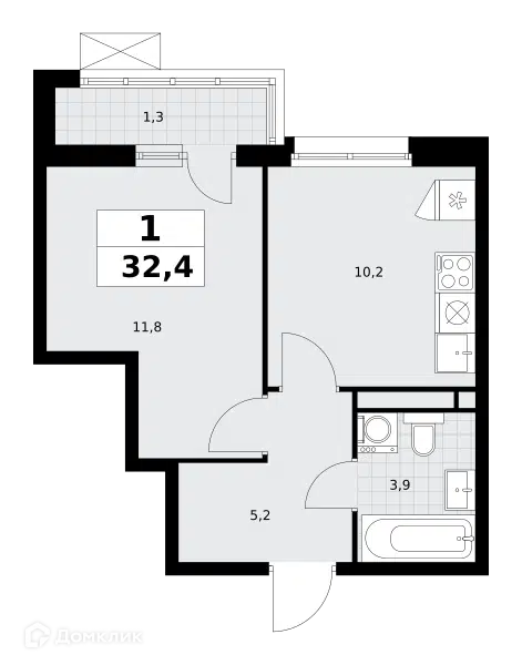 1-комнатная квартира 32.4 м² Родные кварталы