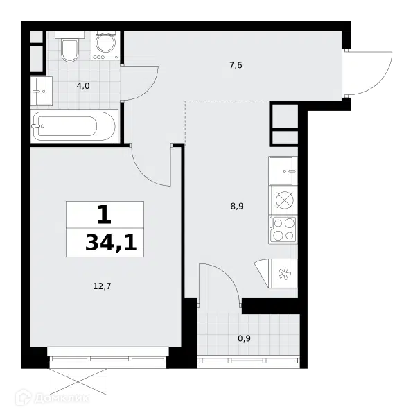 1-комнатная квартира 34.1 м² Родные кварталы