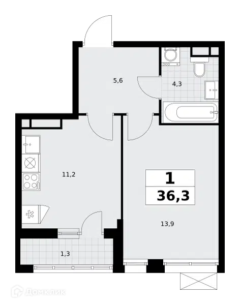 1-комнатная квартира 36.3 м² Родные кварталы