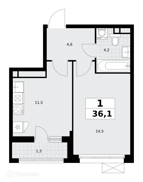 1-комнатная квартира 36.1 м² Родные кварталы
