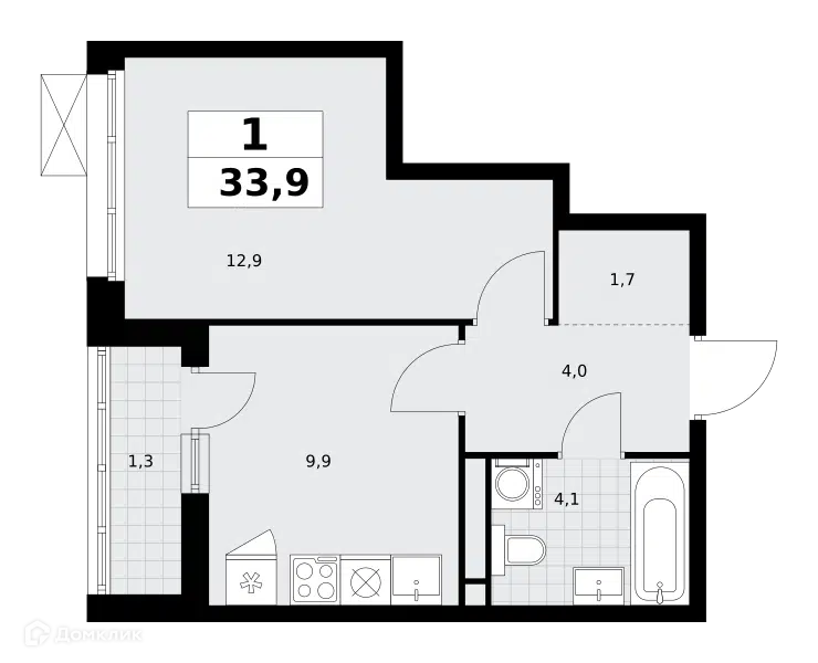 1-комнатная квартира 33.9 м² Родные кварталы