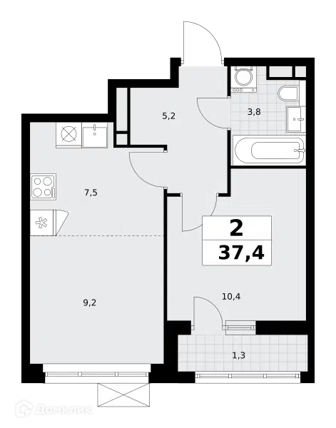 2-комнатная квартира 37.4 м² Родные кварталы