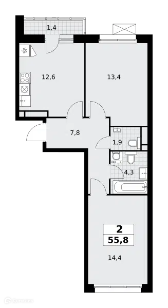 2-комнатная квартира 55.8 м² Родные кварталы