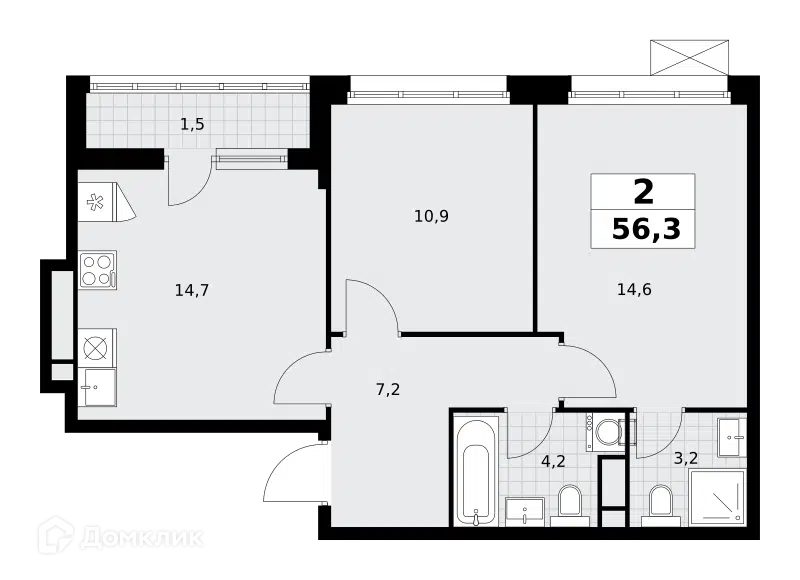 2-комнатная квартира 56.3 м² Родные кварталы