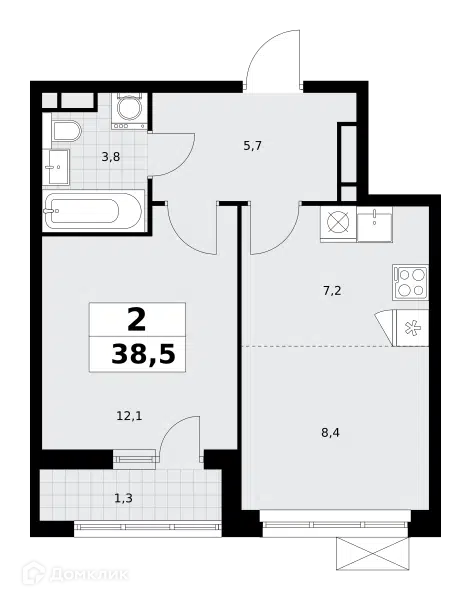2-комнатная квартира 38.5 м² Родные кварталы