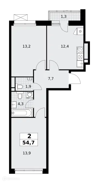2-комнатная квартира 54.7 м² Родные кварталы