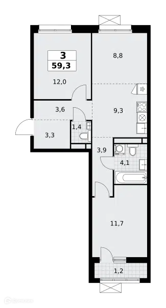 3-комнатная квартира 59.3 м² Родные кварталы