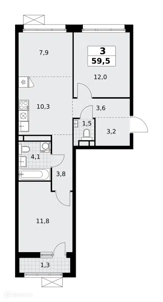 3-комнатная квартира 59.5 м² Родные кварталы