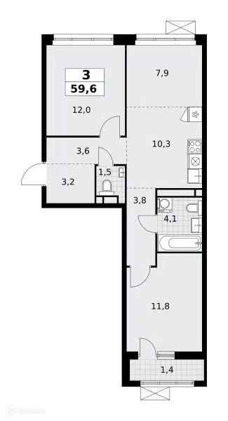 3-комнатная квартира 59.6 м² Родные кварталы