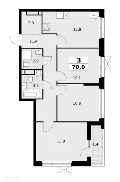 3-комнатная квартира 70 м² Родные кварталы