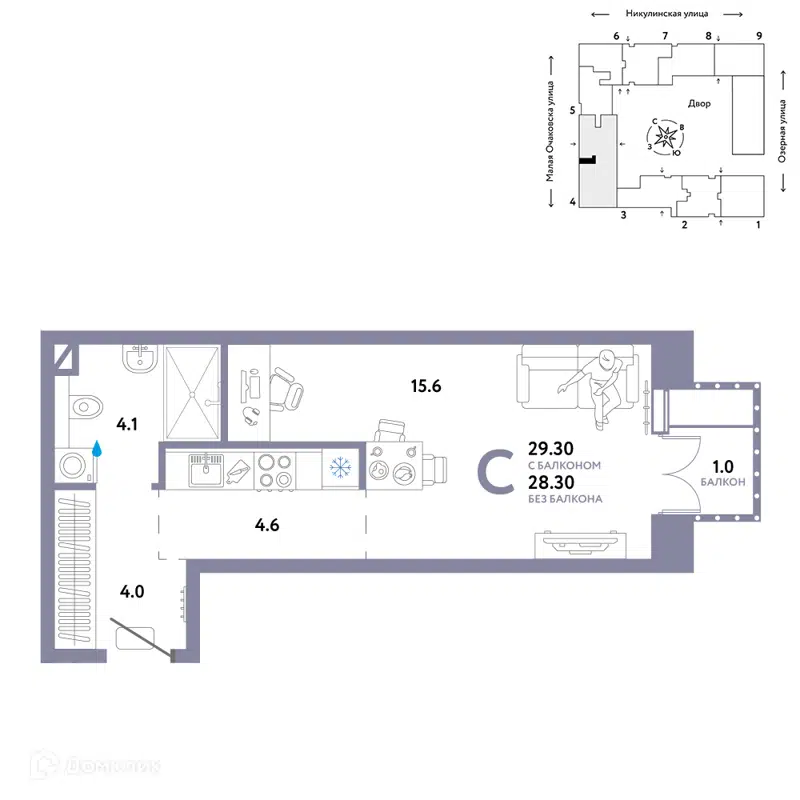 1-комнатная квартира 29.3 м² Страна.Озёрная