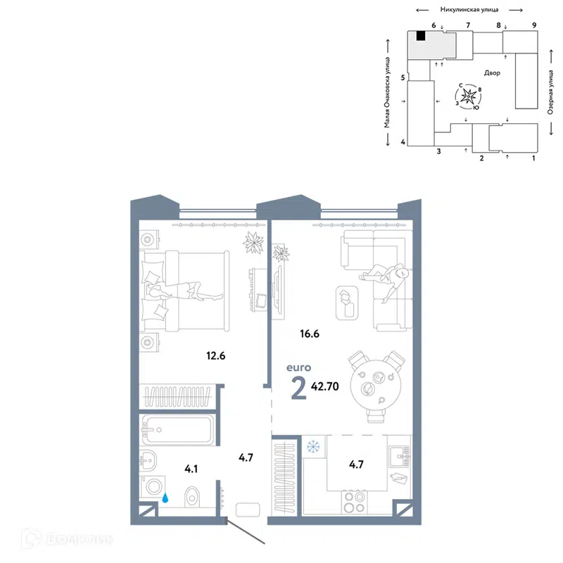 2-комнатная квартира 42.7 м² Страна.Озёрная