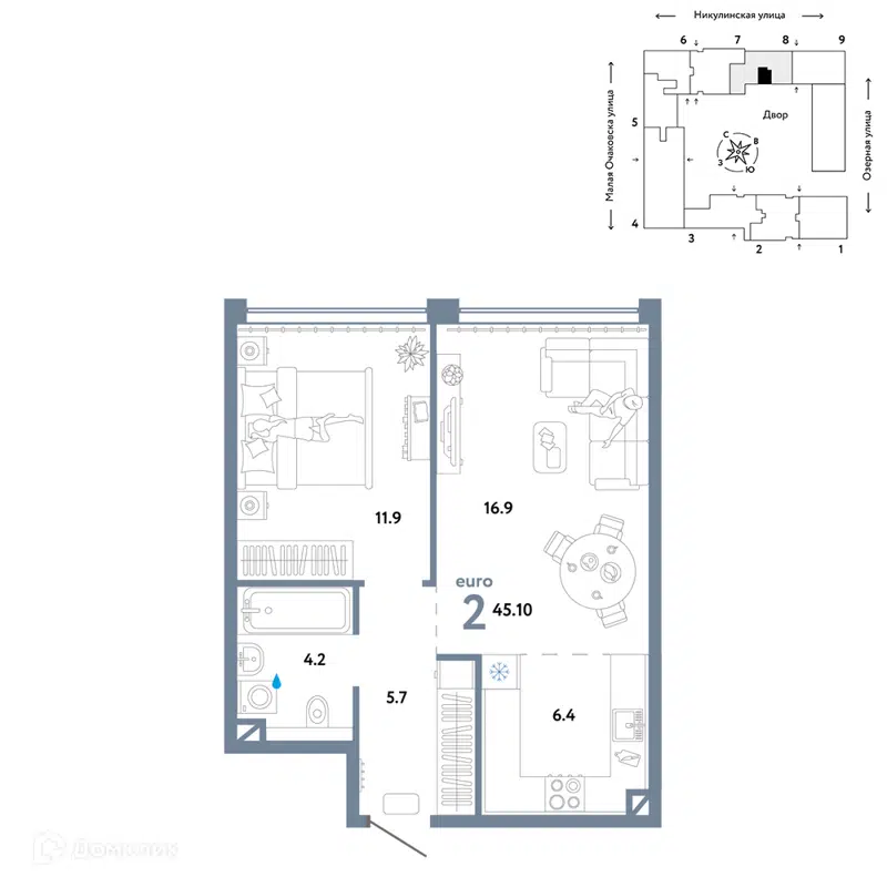 2-комнатная квартира 45.1 м² Страна.Озёрная
