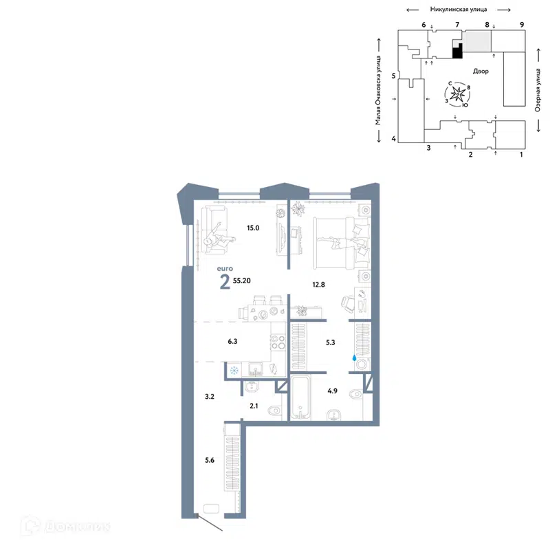 2-комнатная квартира 55.2 м² Страна.Озёрная