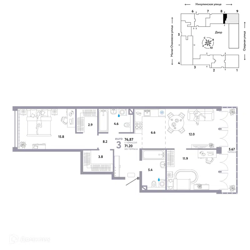 3-комнатная квартира 76.87 м² Страна.Озёрная