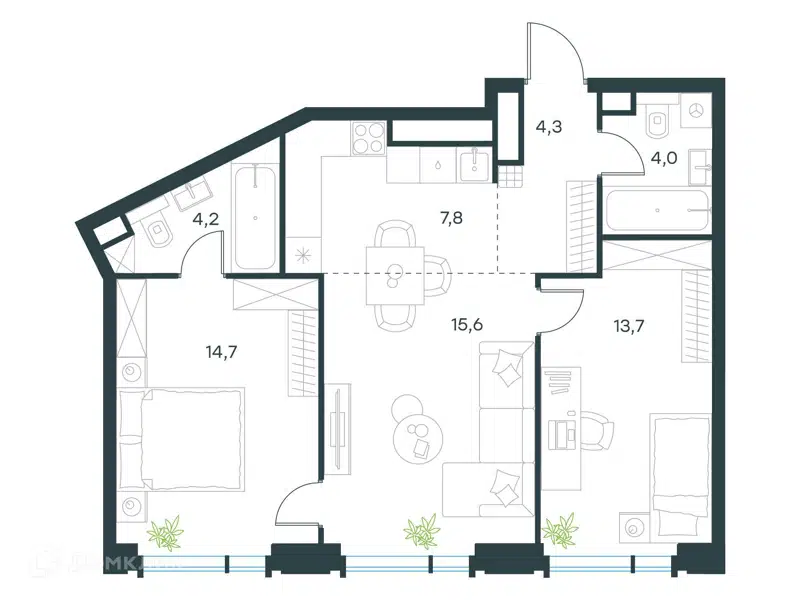 3-комнатная квартира 64.3 м² Левел Академическая