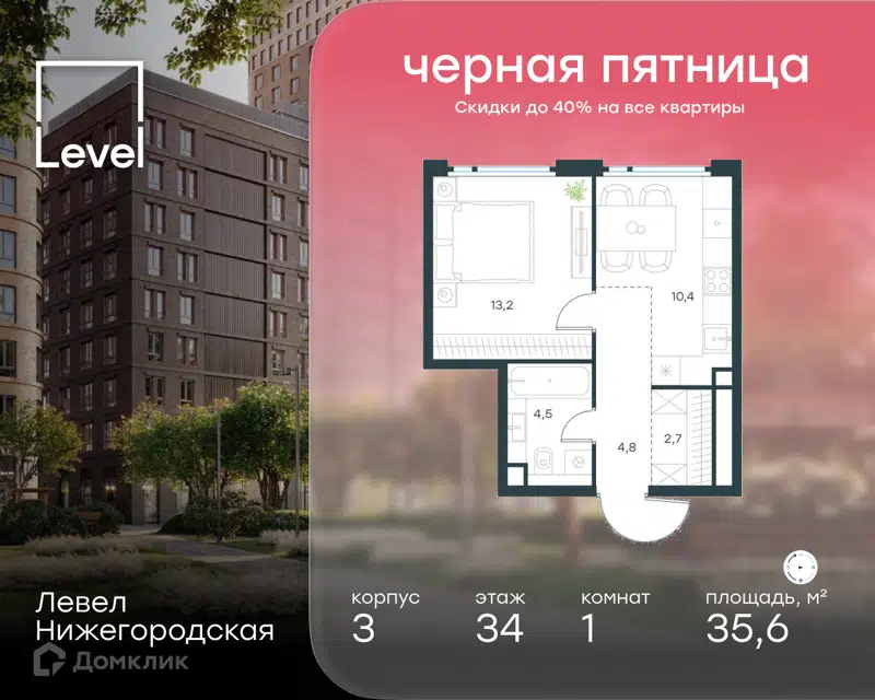 1-комнатная квартира 35.6 м² Левел Нижегородская