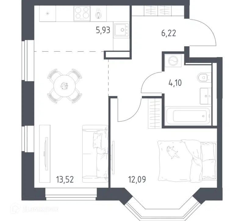 1-комнатная квартира 41.86 м² Квартал Домашний