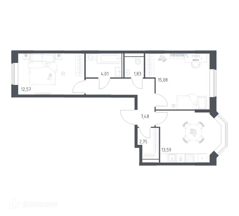 2-комнатная квартира 57.31 м² Квартал Домашний