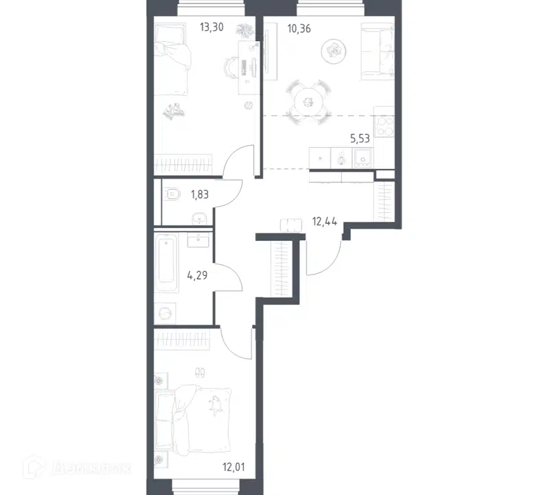 2-комнатная квартира 59.76 м² Квартал Домашний