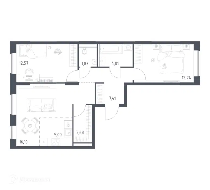 2-комнатная квартира 62.84 м² Квартал Домашний