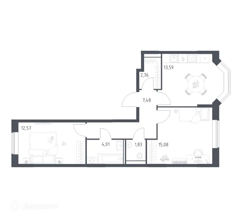 2-комнатная квартира 57.32 м² Квартал Домашний