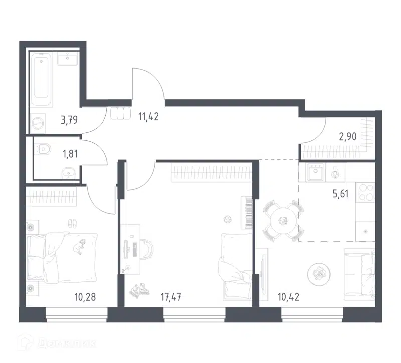 2-комнатная квартира 63.7 м² Квартал Домашний