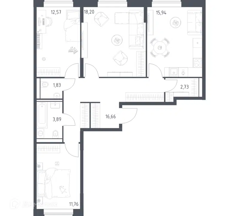 3-комнатная квартира 83.58 м² Квартал Домашний