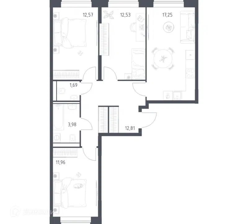 3-комнатная квартира 72.79 м² Квартал Домашний