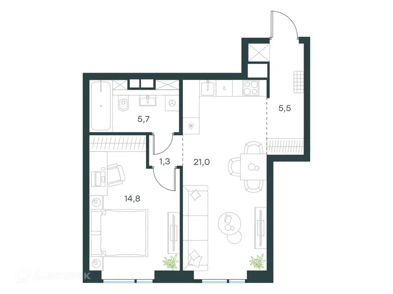 1-комнатная квартира 48.3 м² Левел Войковская