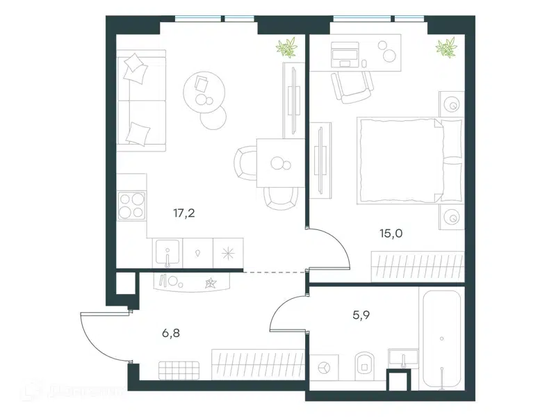 1-комнатная квартира 44.9 м² Левел Войковская