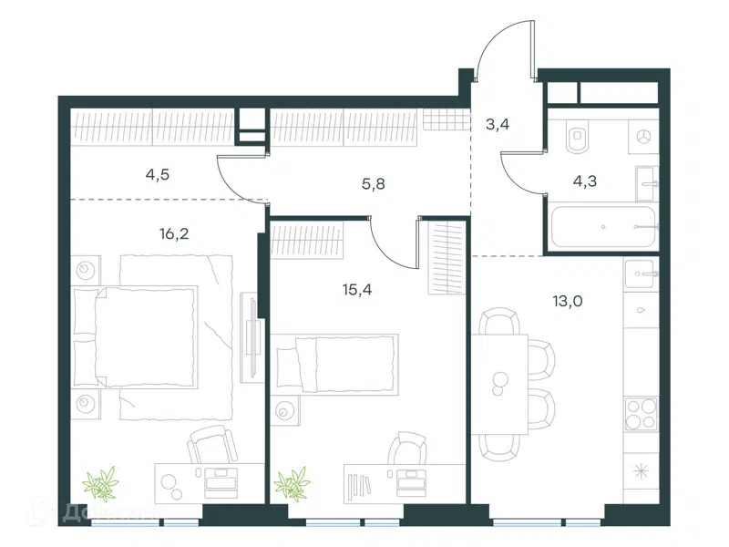 2-комнатная квартира 62.5 м² Левел Войковская