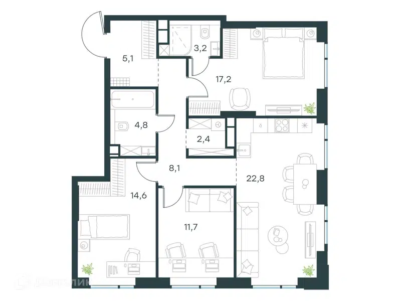 3-комнатная квартира 89.9 м² Левел Войковская