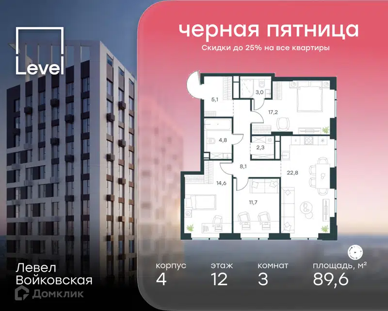 3-комнатная квартира 89.6 м² Левел Войковская