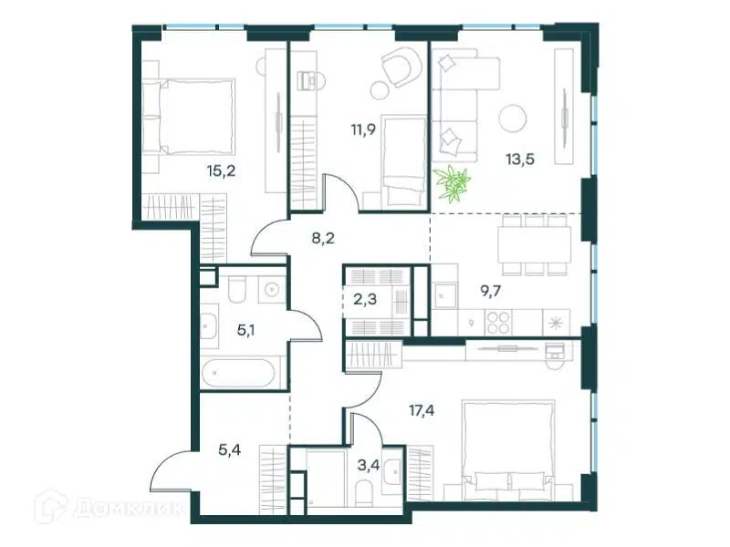 3-комнатная квартира 91.6 м² Левел Войковская
