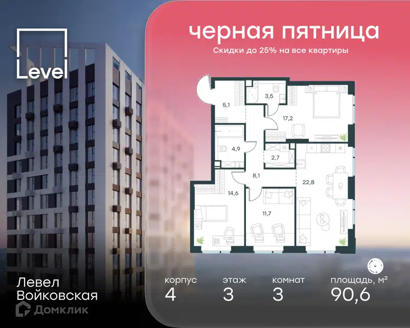 3-комнатная квартира 90.6 м² Левел Войковская
