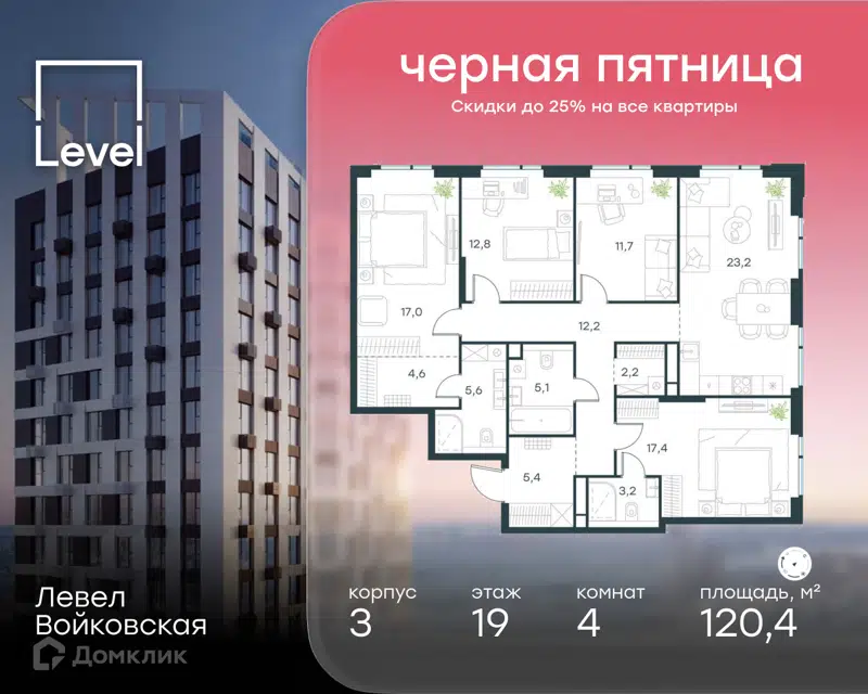 4-комнатная квартира 120.4 м² Левел Войковская