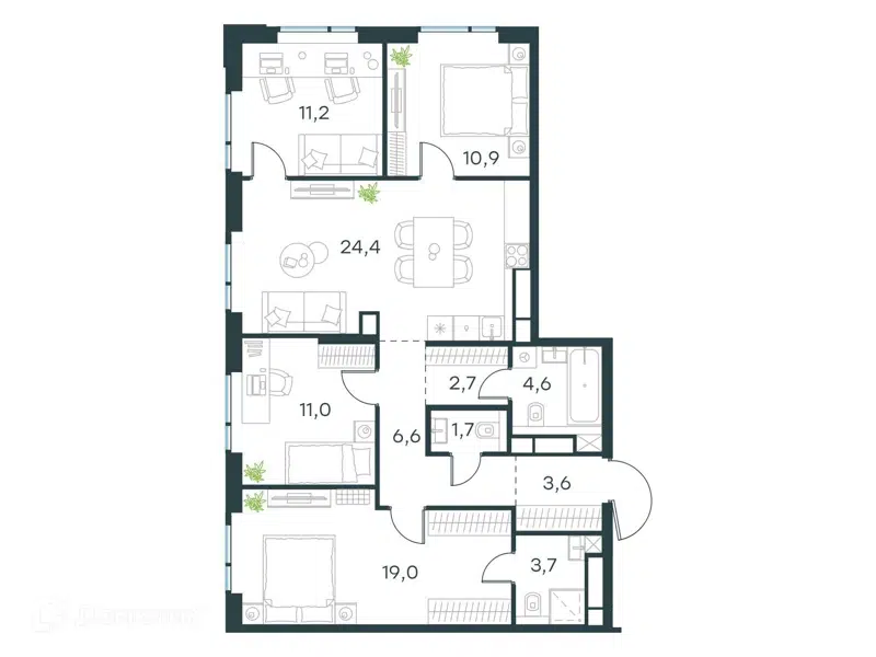 4-комнатная квартира 99.4 м² Левел Войковская