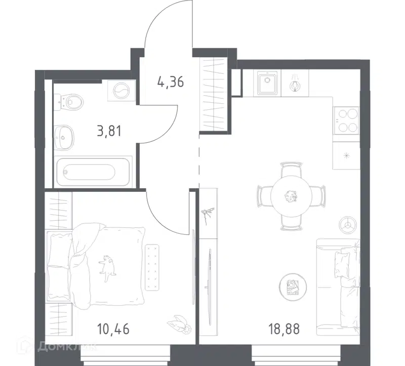 1-комнатная квартира 37.51 м² Большое Юрлово