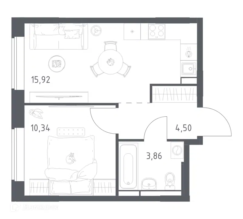 1-комнатная квартира 34.62 м² Большое Юрлово